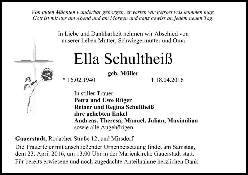  Traueranzeige für Ella Schultheiß vom 20.04.2016 aus MGO