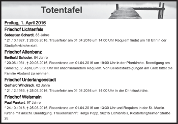 Anzeige von Totentafel vom 01.04.2016 von MGO