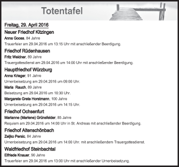 Anzeige von Totentafel vom 29.04.2016 von MGO