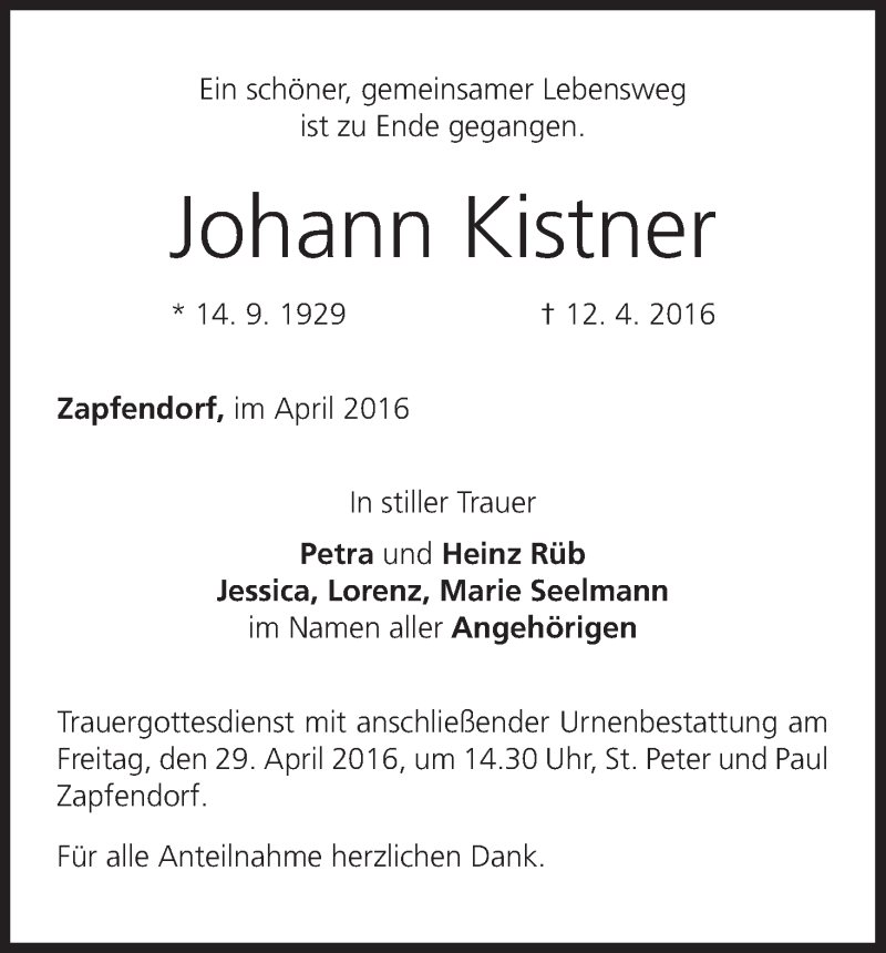  Traueranzeige für Johann Kistner vom 27.04.2016 aus MGO