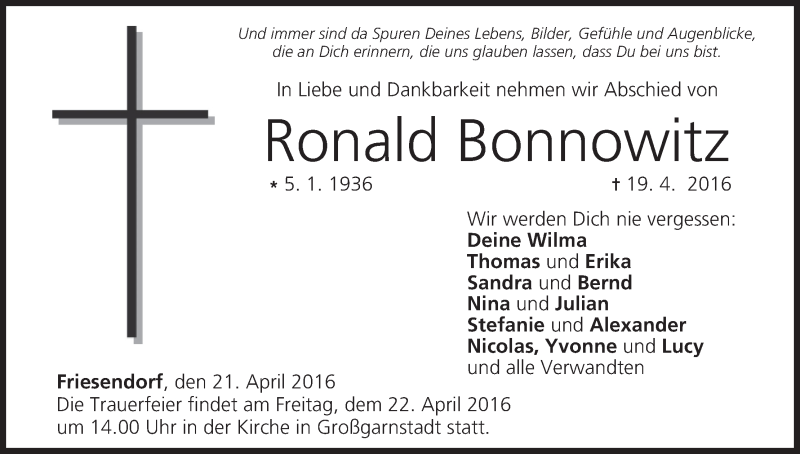  Traueranzeige für Ronald Bonnowitz vom 21.04.2016 aus MGO