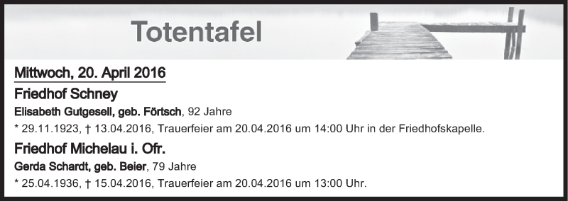  Traueranzeige für Totentafel vom 20.04.2016 vom 20.04.2016 aus MGO
