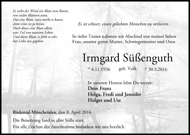 Traueranzeige für Irmgard Süßenguth vom 08.04.2016 aus MGO