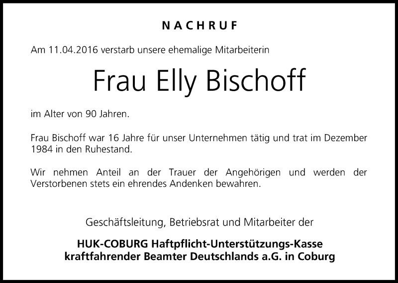  Traueranzeige für Elly Bischoff vom 30.04.2016 aus MGO