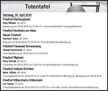 Anzeige von Totentafel vom 30.04.2016 von MGO