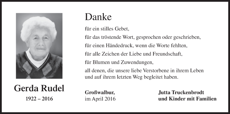  Traueranzeige für Gerda Rudel vom 30.04.2016 aus MGO