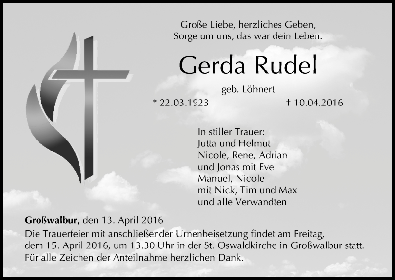  Traueranzeige für Gerda Rudel vom 13.04.2016 aus MGO