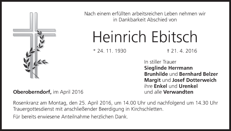  Traueranzeige für Heinrich Ebitsch vom 23.04.2016 aus MGO