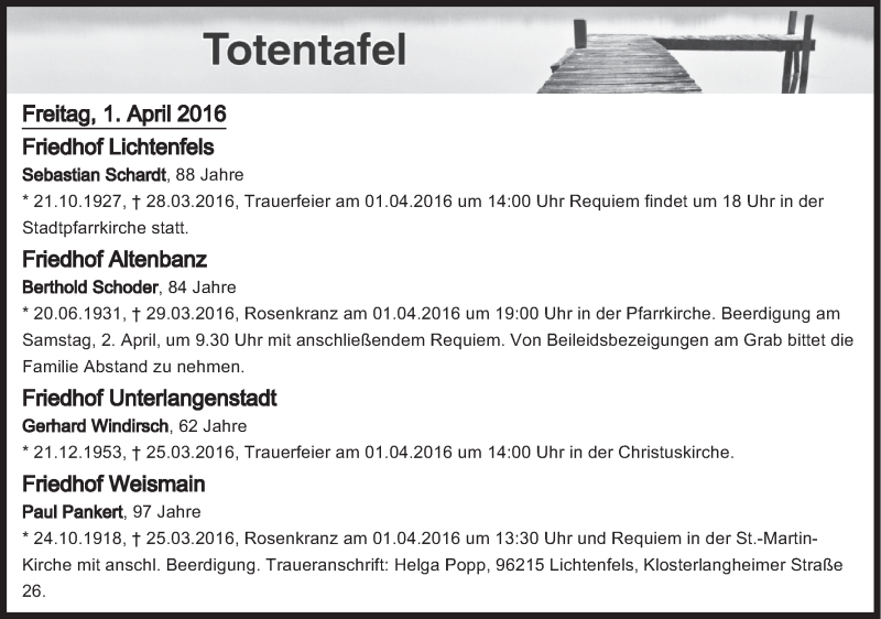  Traueranzeige für Totentafel vom 01.04.2016 vom 01.04.2016 aus MGO