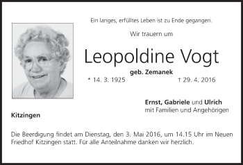 Anzeige von Leopoldine Vogt von MGO
