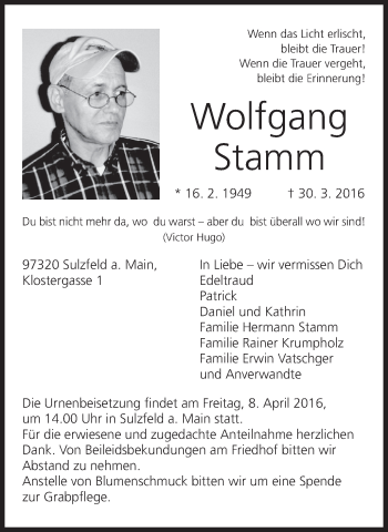Anzeige von Wolfgang Stamm von MGO