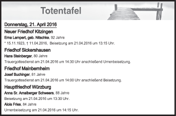 Anzeige von Totentafel vom 21.04.2016 von MGO
