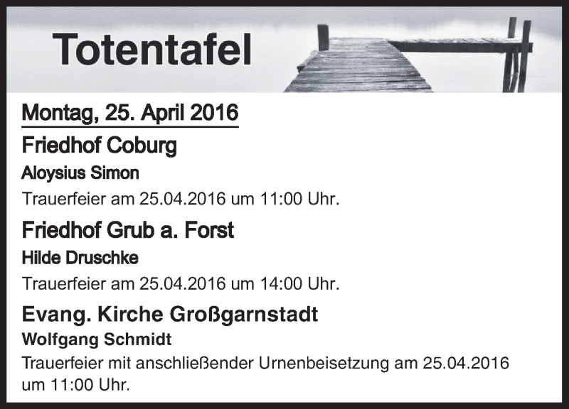  Traueranzeige für Totentafel vom 25.04.2016 vom 25.04.2016 aus MGO