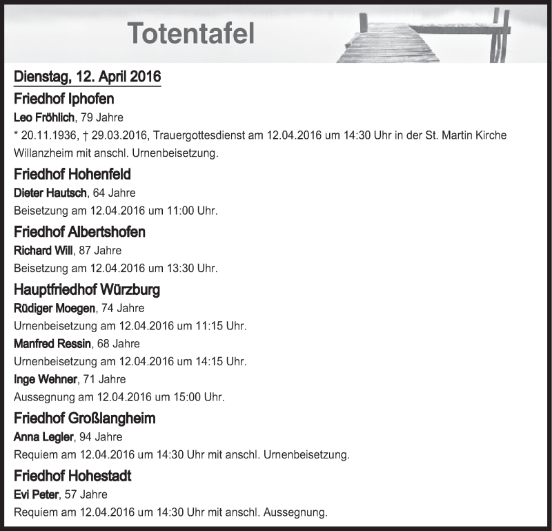  Traueranzeige für Totentafel vom 12.04.2016 vom 12.04.2016 aus MGO