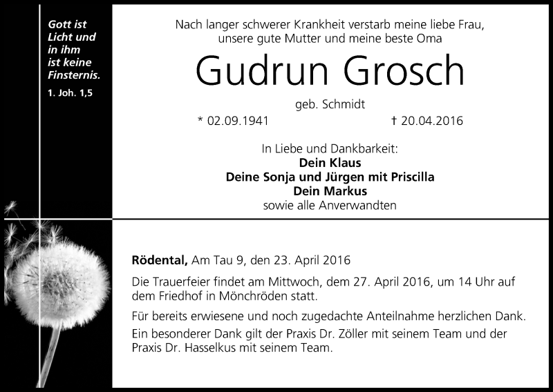  Traueranzeige für Gudrun Grosch vom 23.04.2016 aus MGO