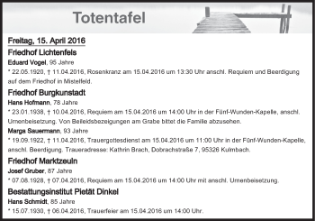 Anzeige von Totentafel vom 15.04.2016 von MGO