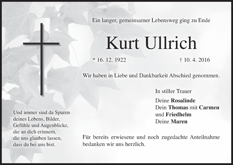  Traueranzeige für Kurt Ullrich vom 16.04.2016 aus MGO