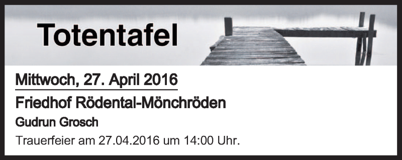  Traueranzeige für Totentafel vom 27.04.2016 vom 27.04.2016 aus MGO
