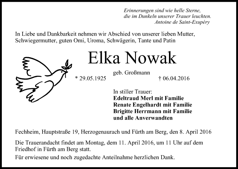  Traueranzeige für Elka Nowak vom 08.04.2016 aus MGO