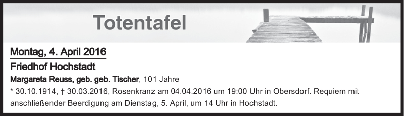  Traueranzeige für Totentafel vom 04.04.2016 vom 04.04.2016 aus MGO