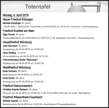 Anzeige von Totentafel vom 04.04.2016 von MGO