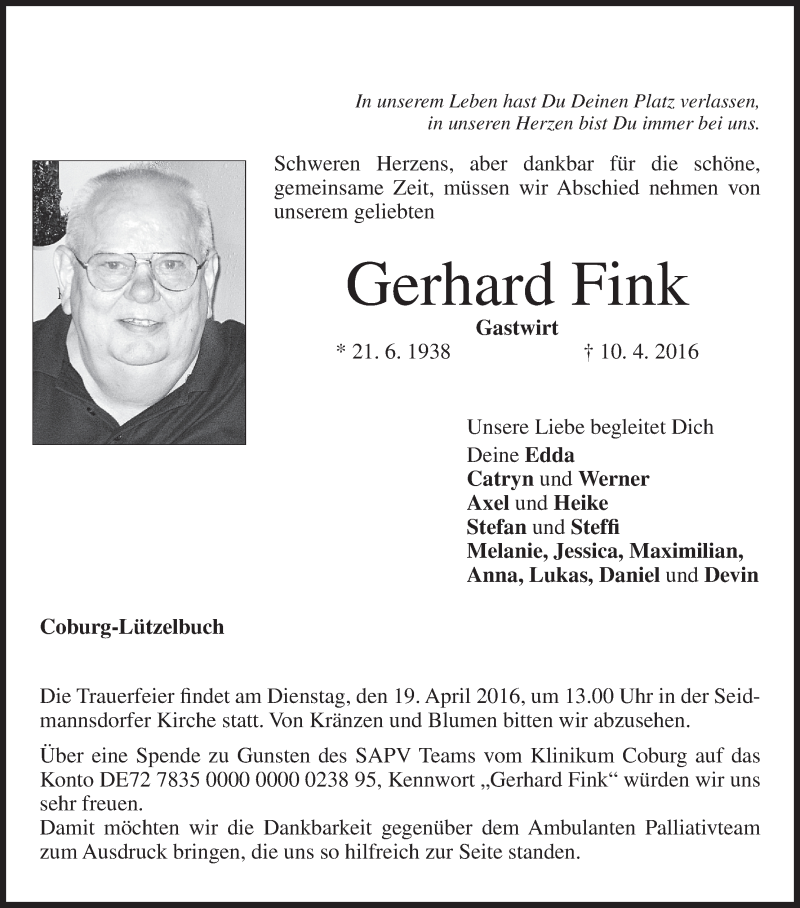  Traueranzeige für Gerhard Fink vom 16.04.2016 aus MGO
