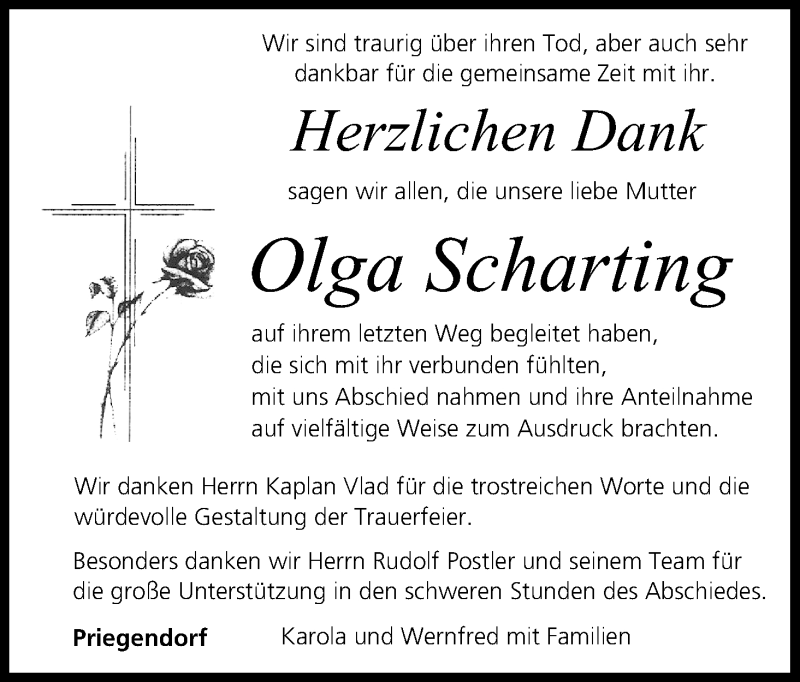  Traueranzeige für Olga Scharting vom 16.04.2016 aus MGO