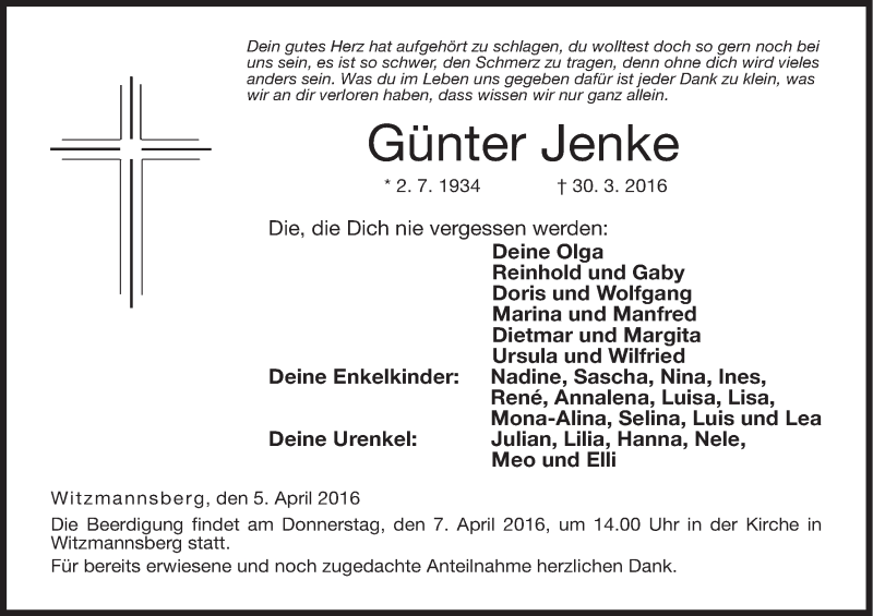  Traueranzeige für Günter Jenke vom 05.04.2016 aus MGO