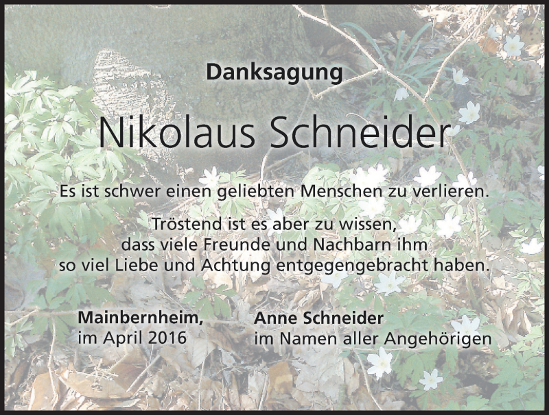  Traueranzeige für Nikolaus Schneider vom 09.04.2016 aus MGO