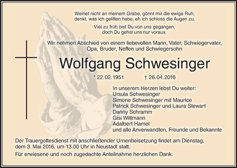  Traueranzeige für Wolfgang Schwesinger vom 30.04.2016 aus MGO