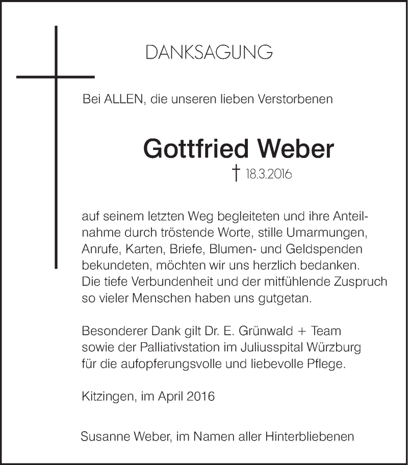  Traueranzeige für Gottfried Weber vom 16.04.2016 aus MGO