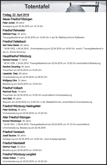 Anzeige von Totentafel vom 22.04.2016 von MGO