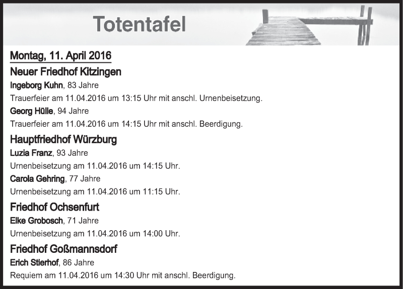  Traueranzeige für Totentafel vom 11.04.2016 vom 11.04.2016 aus MGO