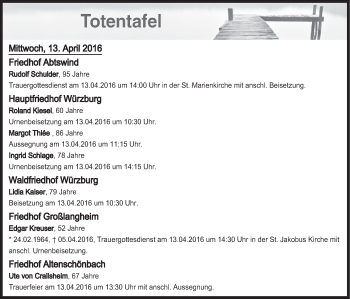 Anzeige von Totentafel vom 13.04.2016 von MGO