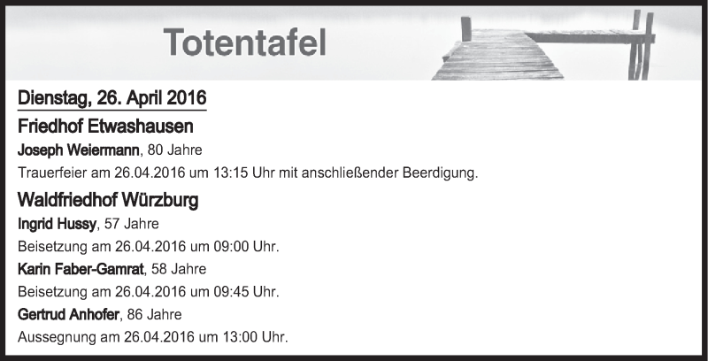  Traueranzeige für Totentafel vom 26.04.2016 vom 26.04.2016 aus MGO