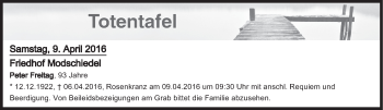 Anzeige von Totentafel vom 09.04.2016 von MGO