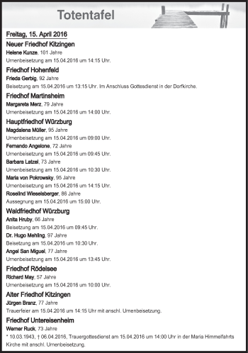 Anzeige von Totentafel vom 15.04.2016 von MGO