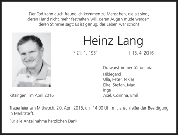 Anzeige von Heinz Lang von MGO
