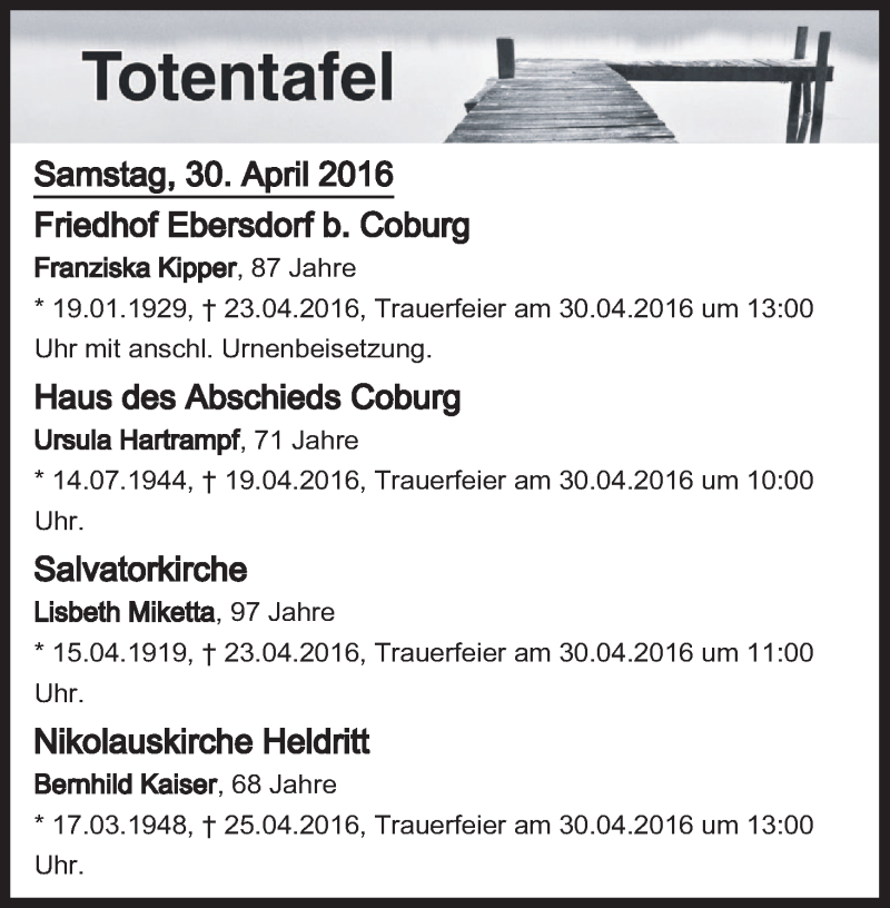  Traueranzeige für Totentafel vom 30.04.2016 vom 30.04.2016 aus MGO