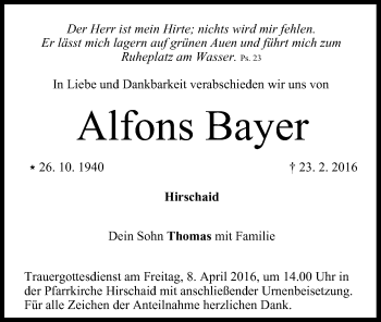 Anzeige von Alfons Bayer von MGO