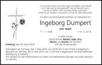 Anzeige von Ingeborg Dumpert von MGO