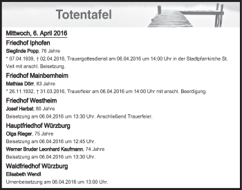 Anzeige von Totentafel vom 06.04.2016 von MGO