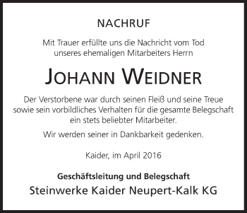 Anzeige von Johann Weidner von MGO
