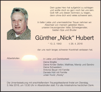 Anzeige von Günther Nick Hubert von MGO