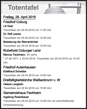 Anzeige von Totentafel vom 29.04.2016 von MGO