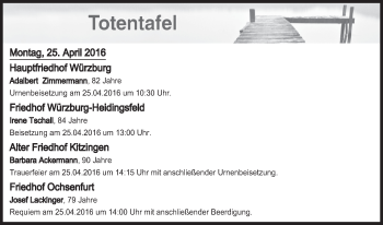 Anzeige von Totentafel vom 25.04.2016 von MGO
