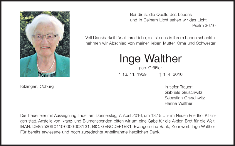  Traueranzeige für Inge Walther vom 05.04.2016 aus MGO
