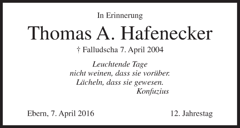  Traueranzeige für Thomas A. Hafenecker vom 07.04.2016 aus MGO