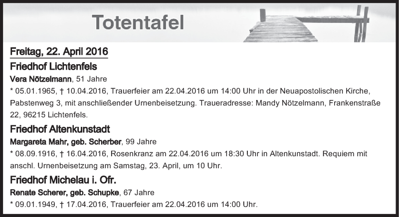 Traueranzeige für Totentafel vom 22.04.2016 vom 22.04.2016 aus MGO