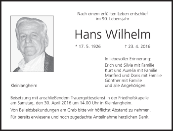 Anzeige von Hans Wilhelm von MGO